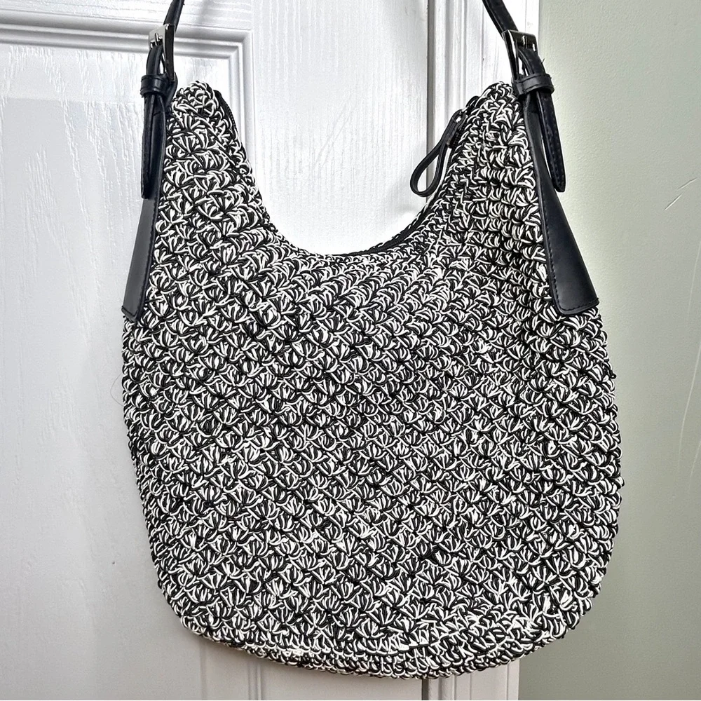 Nine West Black Cream Woven Texture Leather Strap Hobo Shoulder Bag Zip Closure